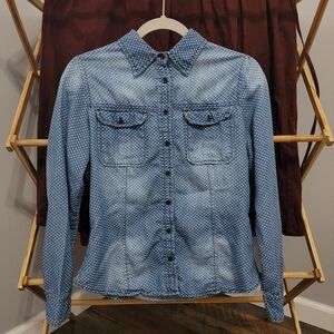 Distressed Preppy Polka Dot Denim Button-up Shirt